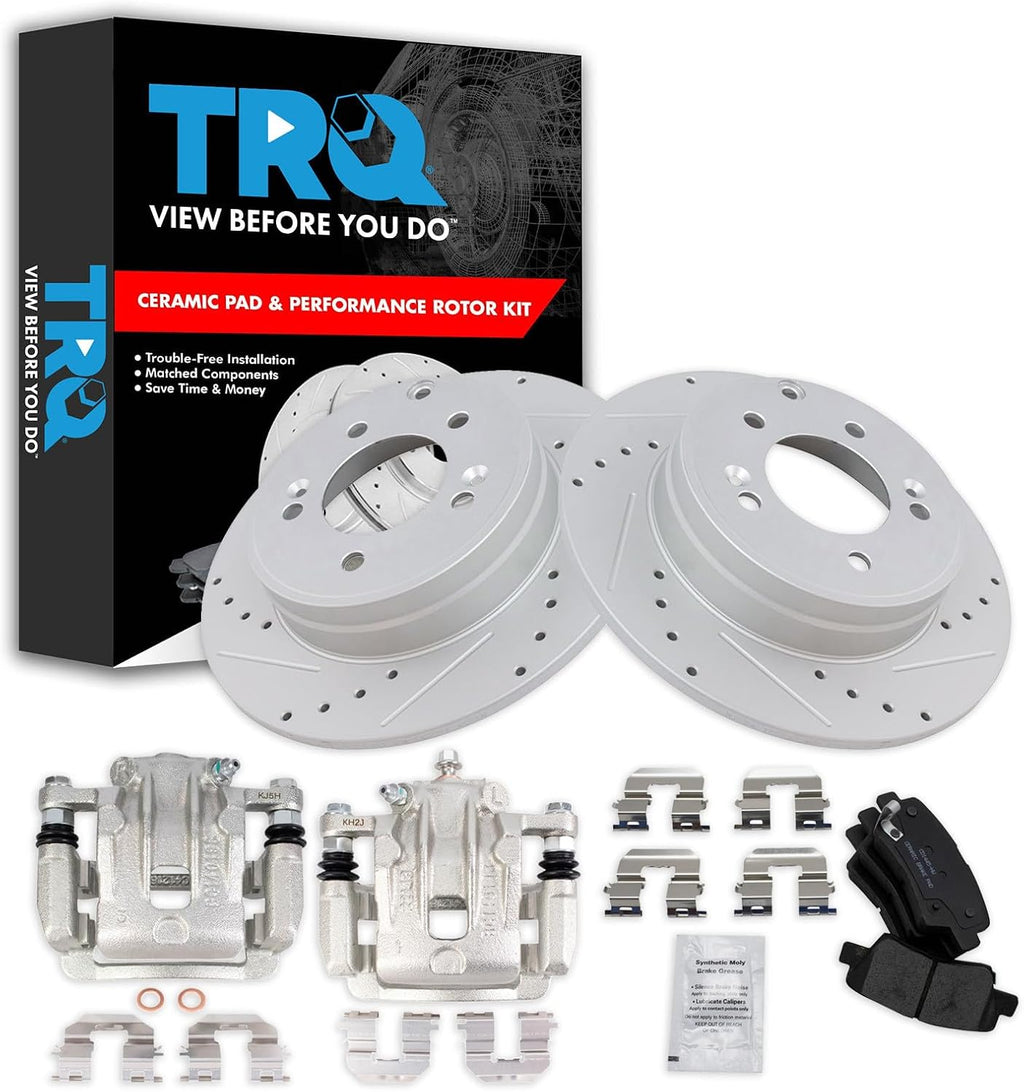 TRQ Performance Rear Brake Pad and Rotor Set Ceramic Solid Coated Rotors Calipers Compatible with 2012-2017 Hyundai Azera 2011-2015 Kia Optima