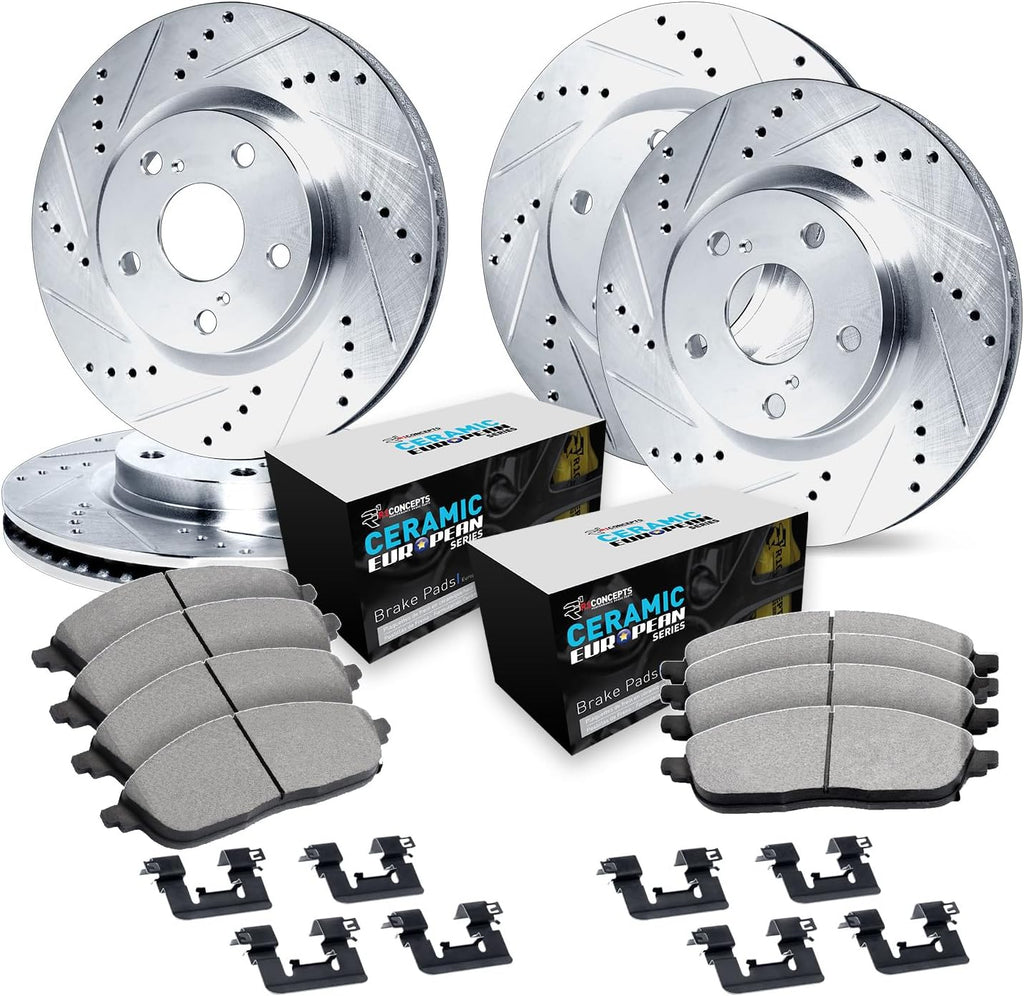 R1 Concepts Front and Rear Brake Kit Fits 2005-2008 INFINITI G35; 2006-2010 INFINITI M35, M45; 2008-2012 INFINITI EX35| Euro Ceramic Pads, Drilled Slotted Rotors| Hardware| 12.6' Front & 12.1' Rear