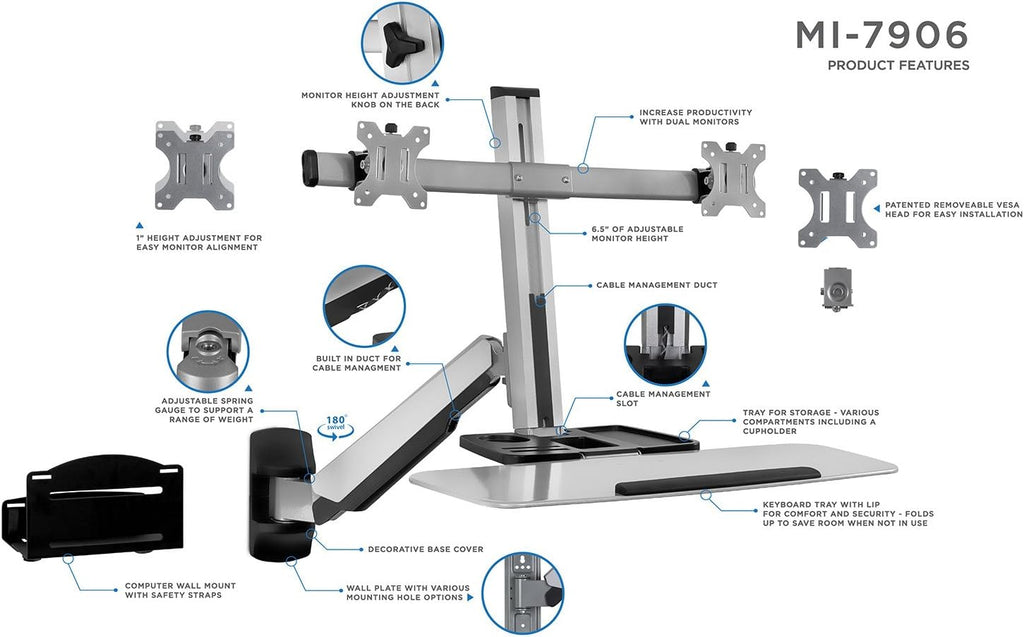 Mount-It! Dual Monitor Wall Mount Workstation with Keyboard Tray & CPU Holder, Sit-Stand Gas Spring Computer Station, Fits Two 27' Displays, 17.6 lbs Each, VESA 75x75 100x100