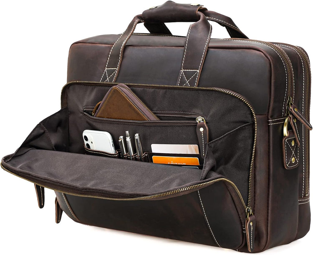 Polare 17' Full Grain Leather Laptop Briefcase Business Travel Laptop Carrying Case Shoulder Bag For Men Fits 17.3' Laptop