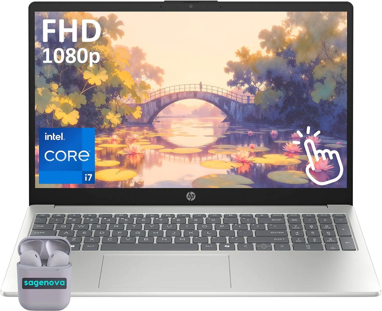 HP Business Laptop Computer, 15.6' Touchscreen FHD IPS LED Display, Intel Core i7-1355U, Windows 11 Home 64GB RAM 2TB SSD, Numeric Keypad, SageNova Earphones, Natural Silver