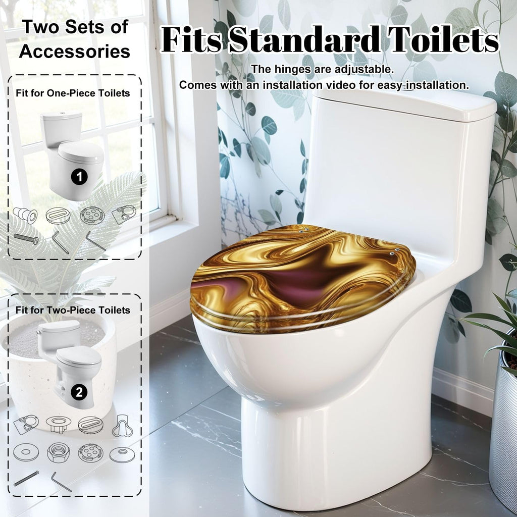 Elongated Toilet Seat Liquid abstract swirl fluid gold silver bronze Resin Toilet Seat Slow Quiet Close Lid with Quick-Release Hinges Cover Bumpers Easy to Clean Install