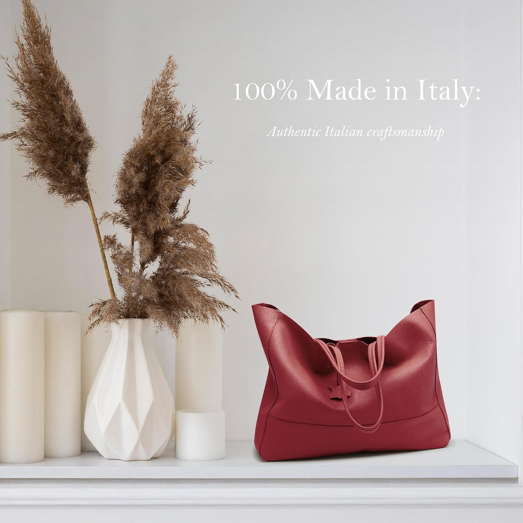 Italian Leather Tote Bag for Women - Large Shoulder Shopper, Fits 16' Laptop, Keychain Holder, Made in Italy