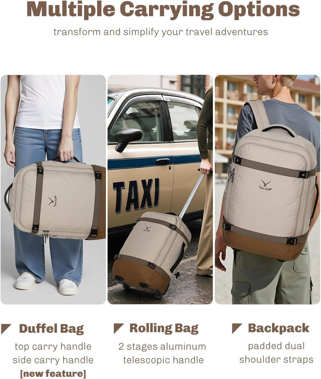 Hynes Eagle Rolling Backpack 42L Backpack with Wheels Airline Approved Carry on Luggage Laptop Travel Suitcase Bag for Women Men Khaki