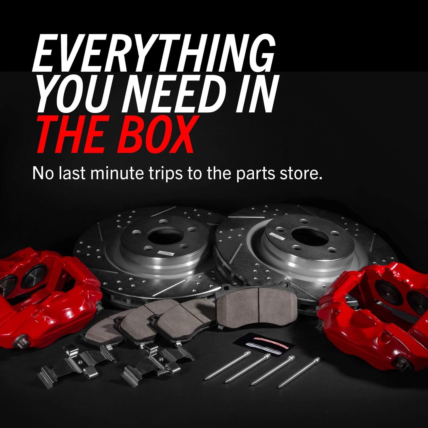 PowerStop Front Brake Kit for Cadillac Escalade 2002-06 |Escalade ESV 2003-06 |Escalade EXT 2002-06 - Carbon-Fiber Ceramic Brake Pads + Drilled & Slotted Rotors + Red Powder Coated Calipers, KC2009