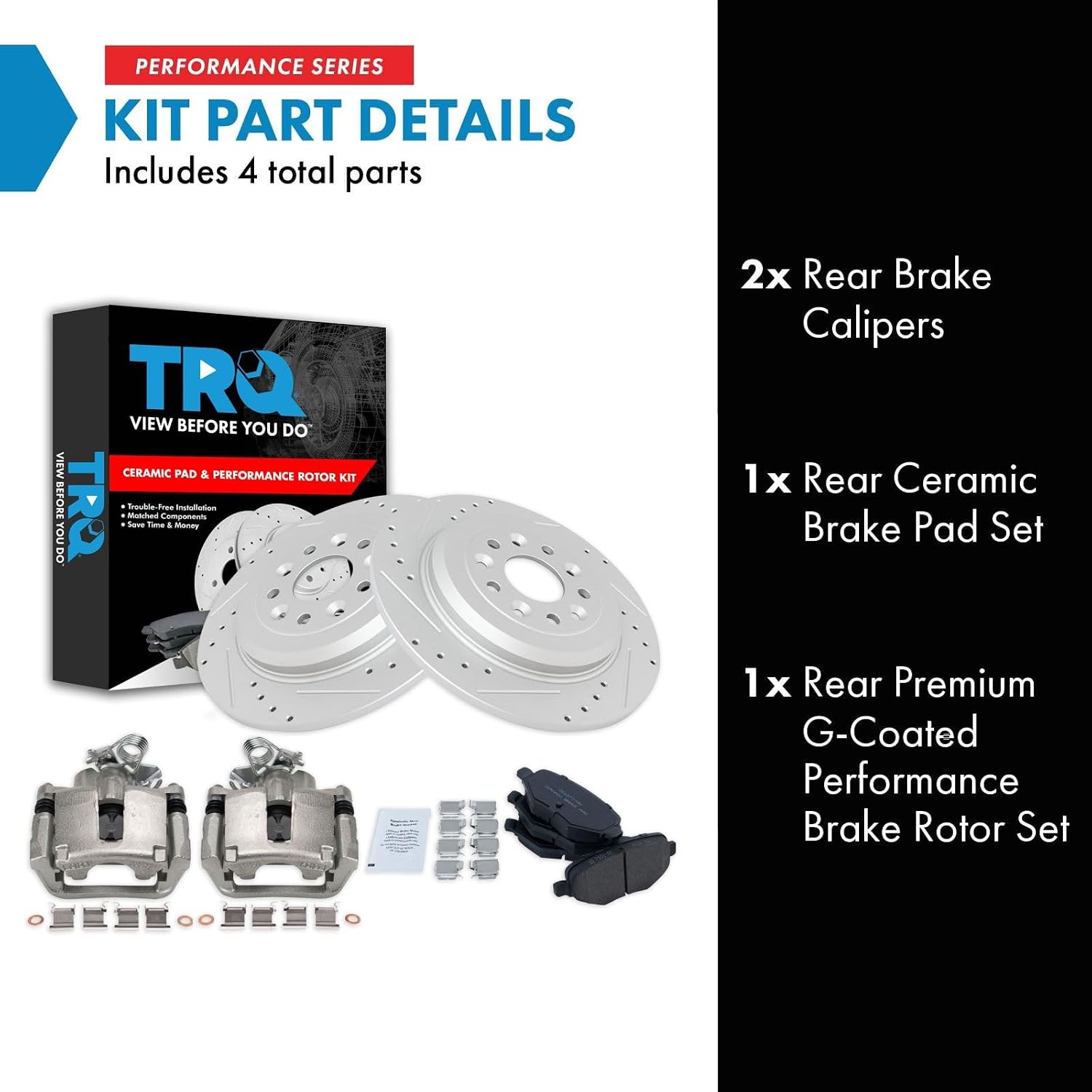 TRQ Performance Rear Brake Pad and Rotor Set Ceramic Solid Rotors Calipers G Coated Compatible with 2014-2018 Ford Explorer 2015-2018 Flex Lincoln MKT