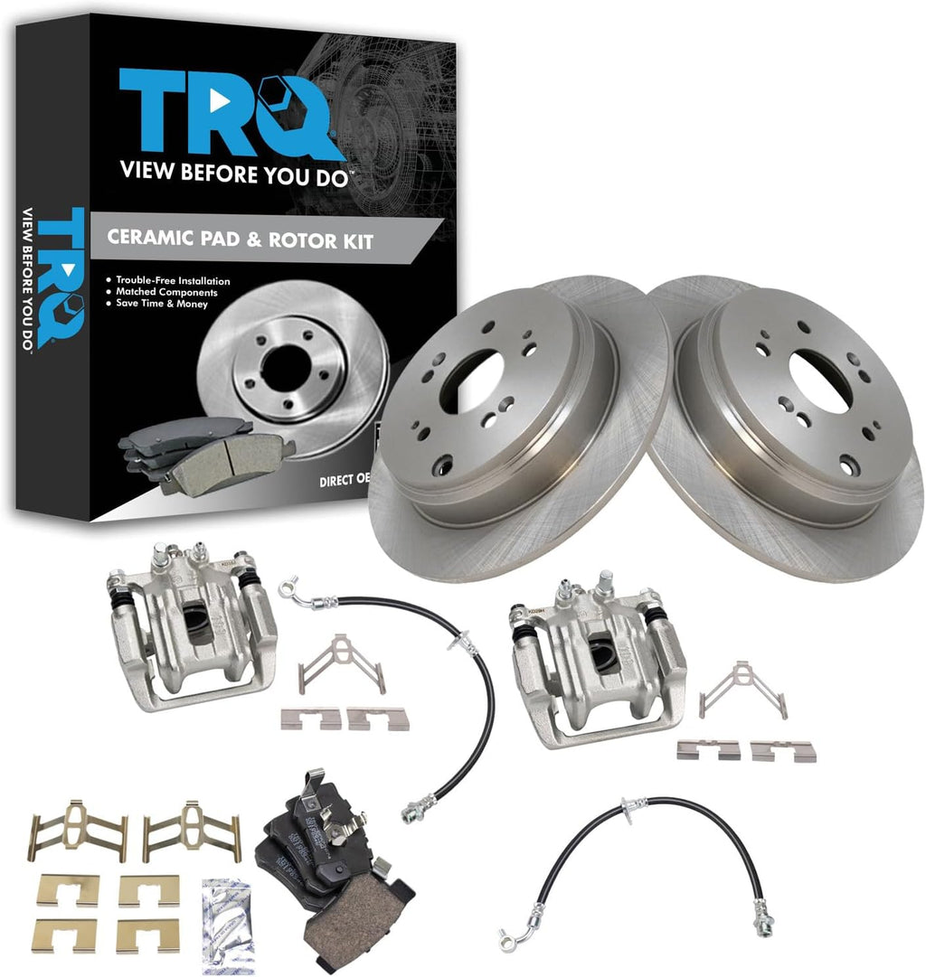 TRQ Rear Brake Pad and Rotor Set Ceramic Rotors Calipers Hoses Compatible with 2007-2011 Honda CR-V
