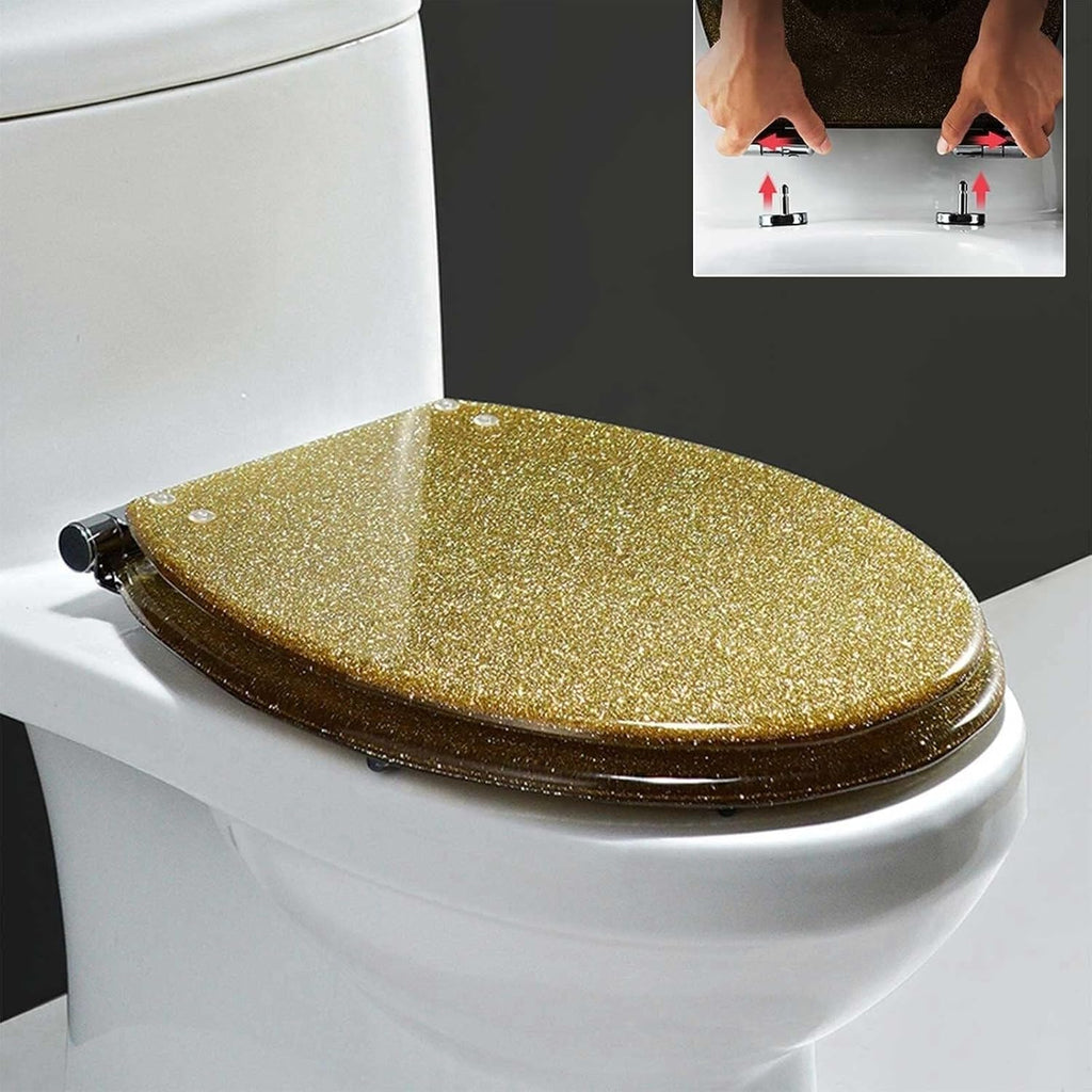 Resin Glitter Toilet Seat, Soft Close & Easy Clean, Oval 36 * 42cm, Top Fixing, Silver(Gold)