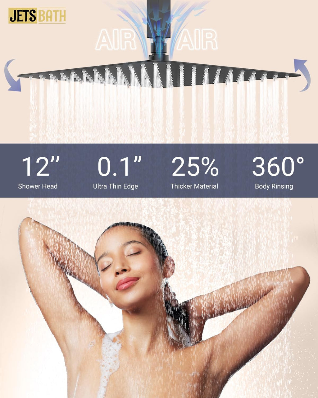 Dual Rainfall Shower Head System with 4 Body Jets, JetsBath Shower Faucet Set Double Shower Head 6-Inch Shower Head & 12' Rain Shower, Luxury Matte Black Shower Faucet Set Tandem Shower Head System