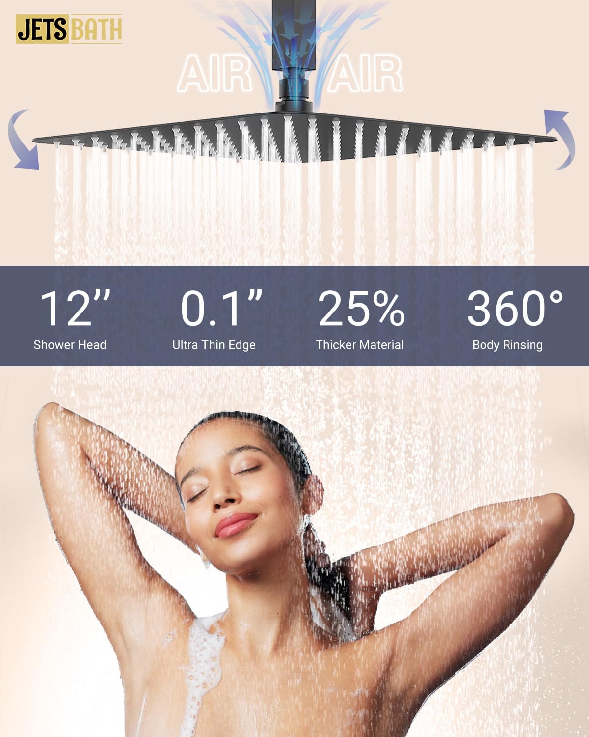 Dual Rainfall Shower Head System with 4 Body Jets, JetsBath Shower Faucet Set Double Shower Head 6-Inch Shower Head & 12' Rain Shower, Luxury Matte Black Shower Faucet Set Tandem Shower Head System