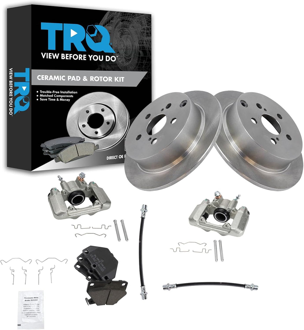 TRQ Rear Brake Pad and Rotor Set Ceramic Rotors Calipers Hoses Compatible with 2003-2006 Pontiac Vibe