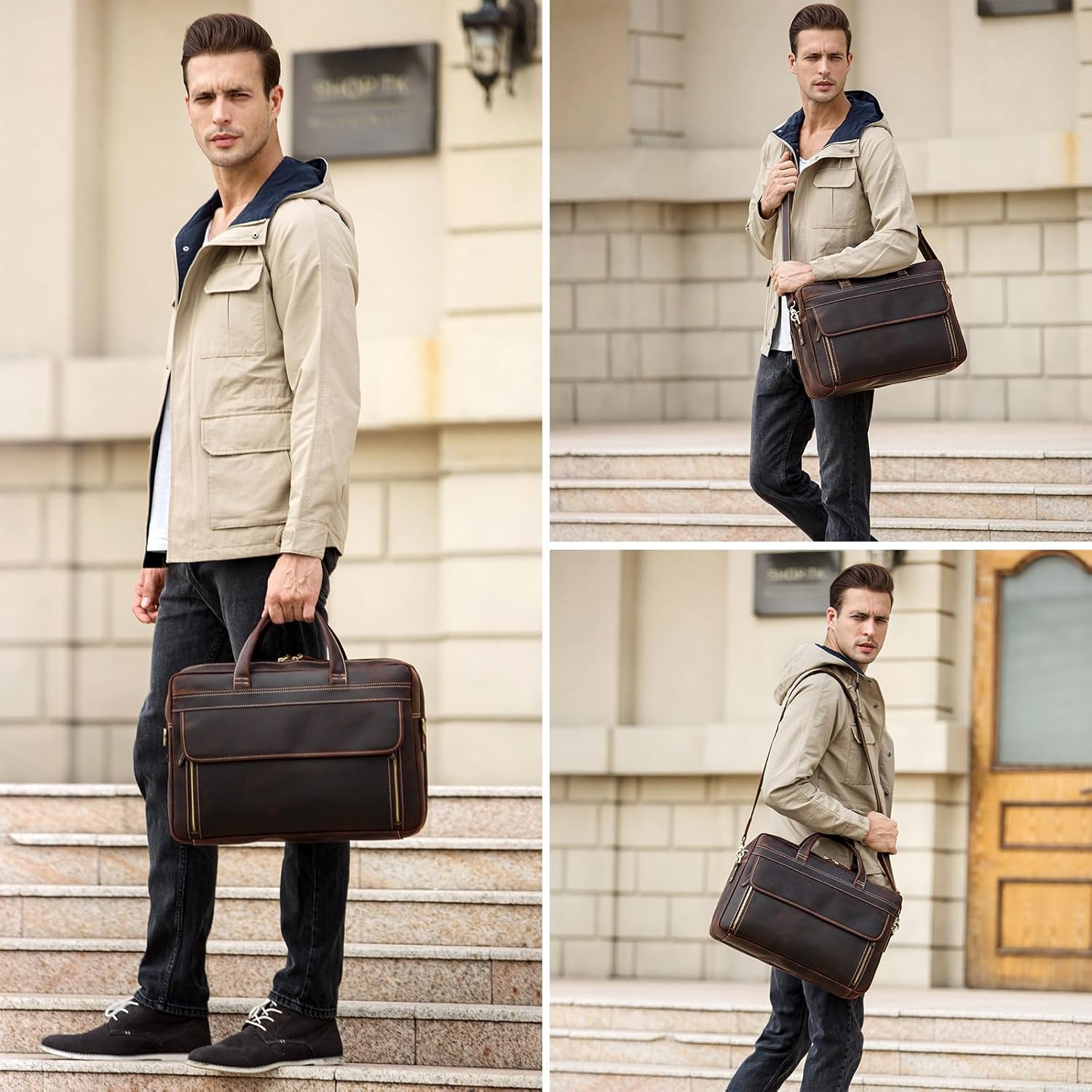 TIDING Leather Business Travel Briefcase for Men, Large 15.6' 17.3' Laptop Crossbody Shoulder Messenger Bag Office Handbag