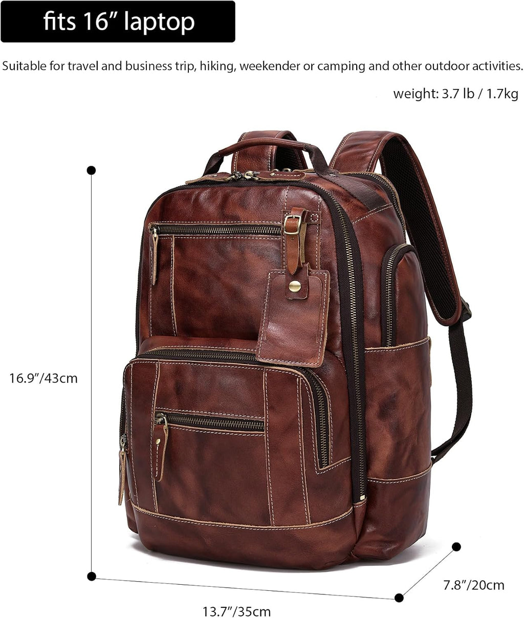 LANNSYNE Full Grain Leather Backpack For Men, Fits 16' Laptop, Coffee