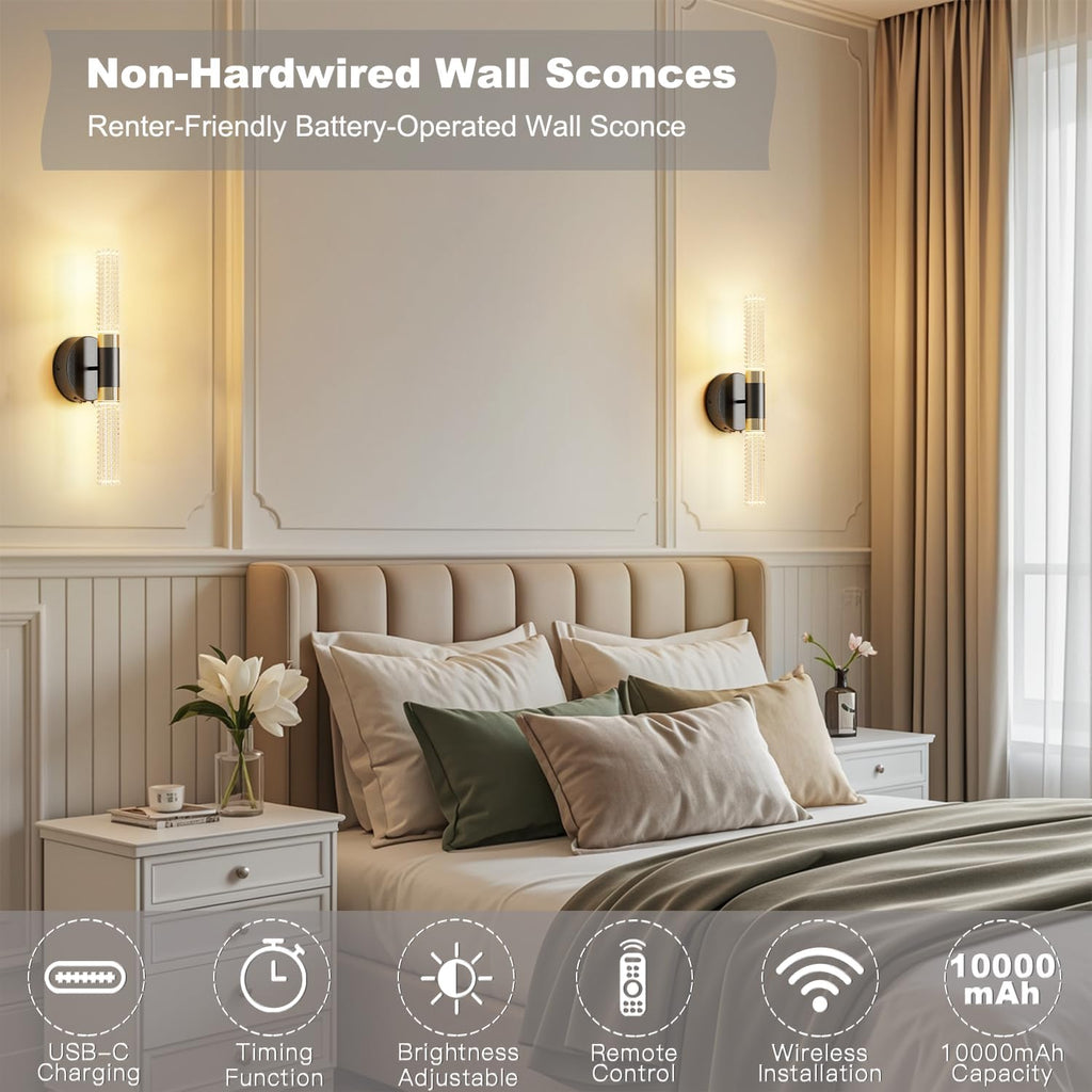 Battery Operated Black Gold Wall Sconces Set of Two, 10000 mAh Rechargeable Battery Powered Wall Sconce with Remote Control, 16 Inch Non-Hardwired Wireless Crystal Wall Scones for Bedroom, Living Room