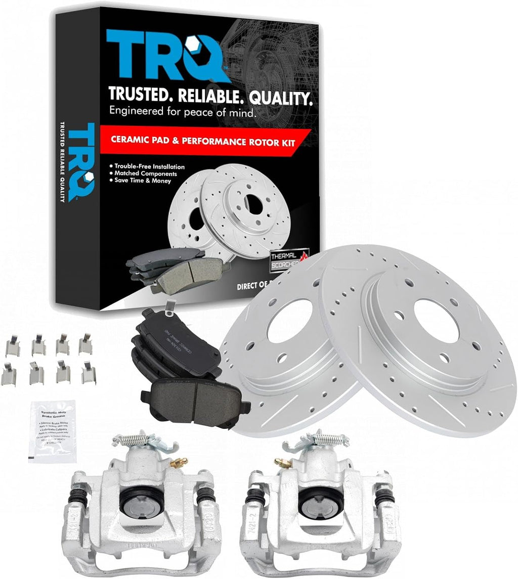TRQ Performance Rear Brake Pad & Rotor Set Ceramic Drilled Slotted Coated Solid Rotors Calipers Compatible with 08-12 Chrysler Town & Country Dodge Grand Caravan 2012 Ram C/V 09-12 Volkswagen Routan