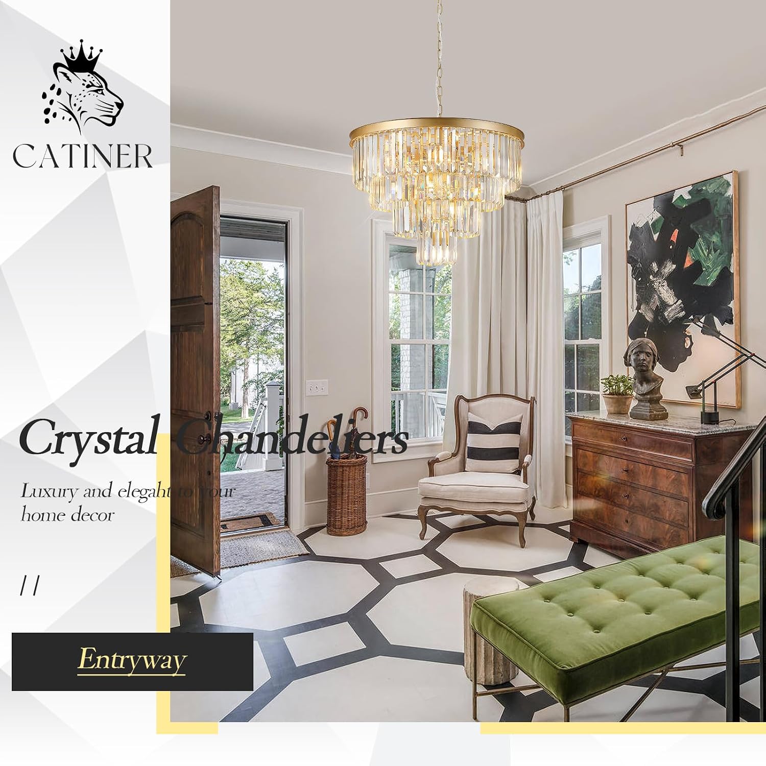 Gold Crystal Chandeliers 24' Modern Large Chandeliers Luxury 4-Tier 12 Lights K9 Crystal Round Ceiling Pendant Light Fixture Contemporary for Dining Room Foyer Staircase Living Room