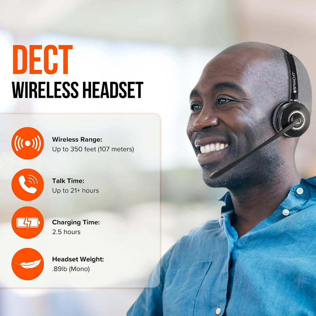 Spracht HS-3010 DECT USB Softphone Wireless Headset with Base Station| Headphones with Microphone, with Noise-Canceling Mic | Wireless Work Headset for PC, MAC, Laptops