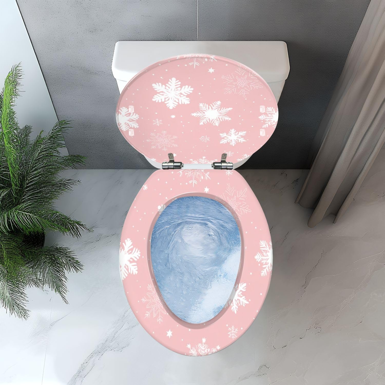 Elongated Toilet Seat Seamless winter cute pink snowflakes white snowflakes Resin Toilet Seat with Quietly Close Quick Release Hinges Decorative Toilet Seat with Cover Easy to Clean and Install