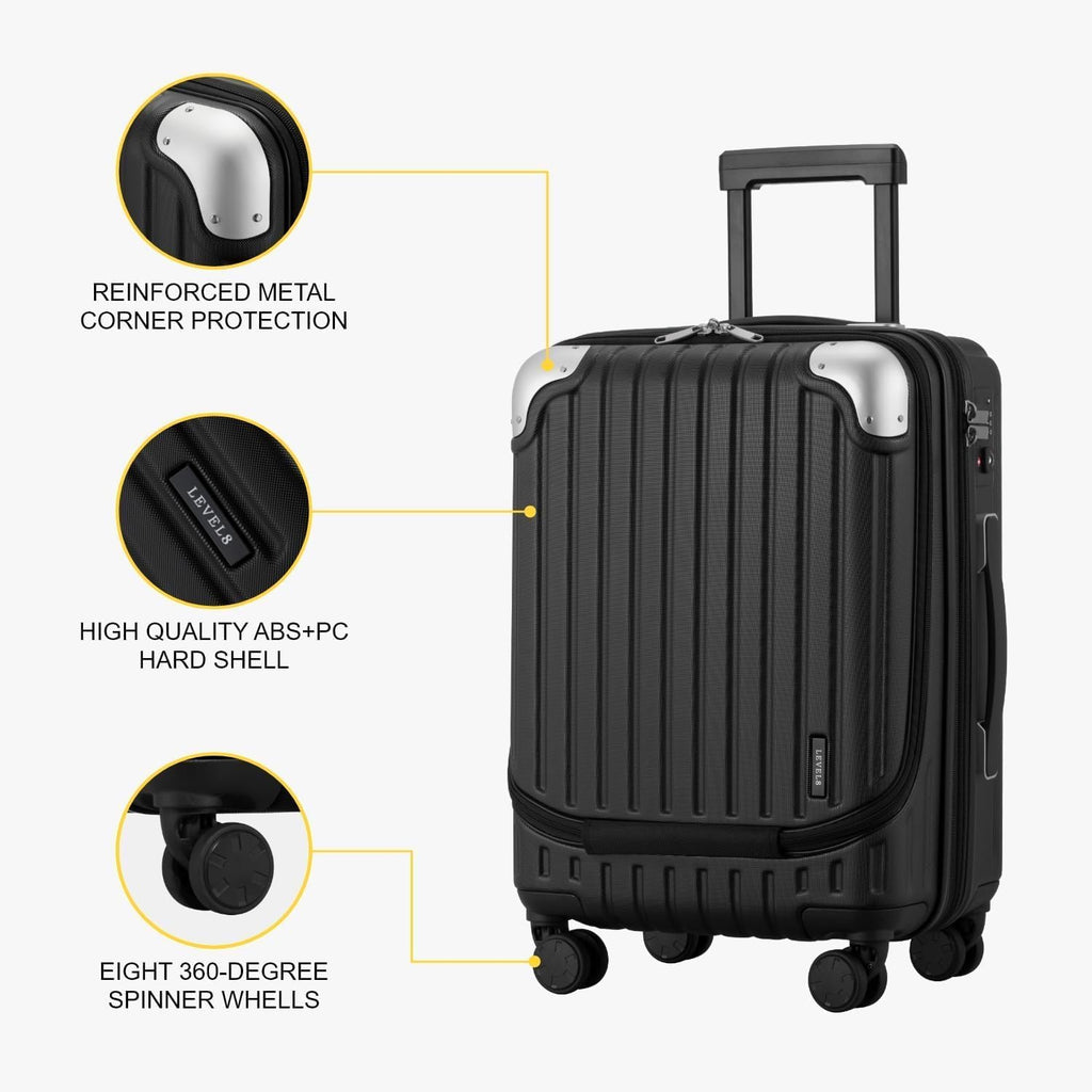 LEVEL8 Grace Carry On Luggage Airline Approved, 20 Inch Expandable Hardside Carry On Suitcase With Wheels, Abs+Pc Small Luggage with Tsa Lock, Black, 20-Inch