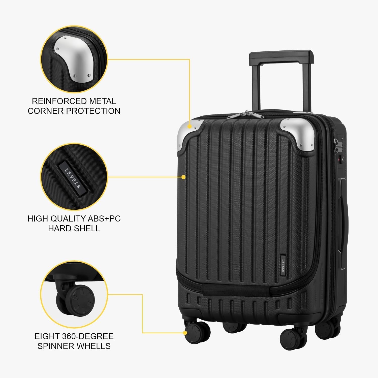 LEVEL8 Grace Carry On Luggage Airline Approved, 20 Inch Expandable Hardside Carry On Suitcase With Wheels, Abs+Pc Small Luggage with Tsa Lock, Black, 20-Inch