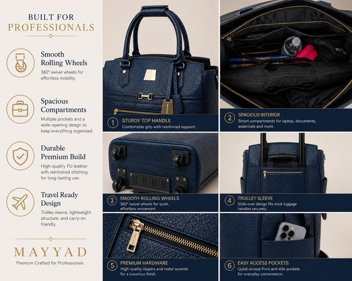 Rolling Laptop Bag for Women with Wheels & Handle Luxury Pure Leather Embossed Work Bag with Laptop Sleeve Travel Briefcase