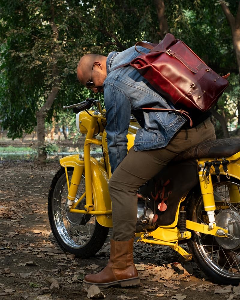 Trip Machine Company Full Grain Leather Roll Top Motorcycle Backpack Pannier – Quick Mount 15L Waterproof Laptop Bag (Cherry Red)