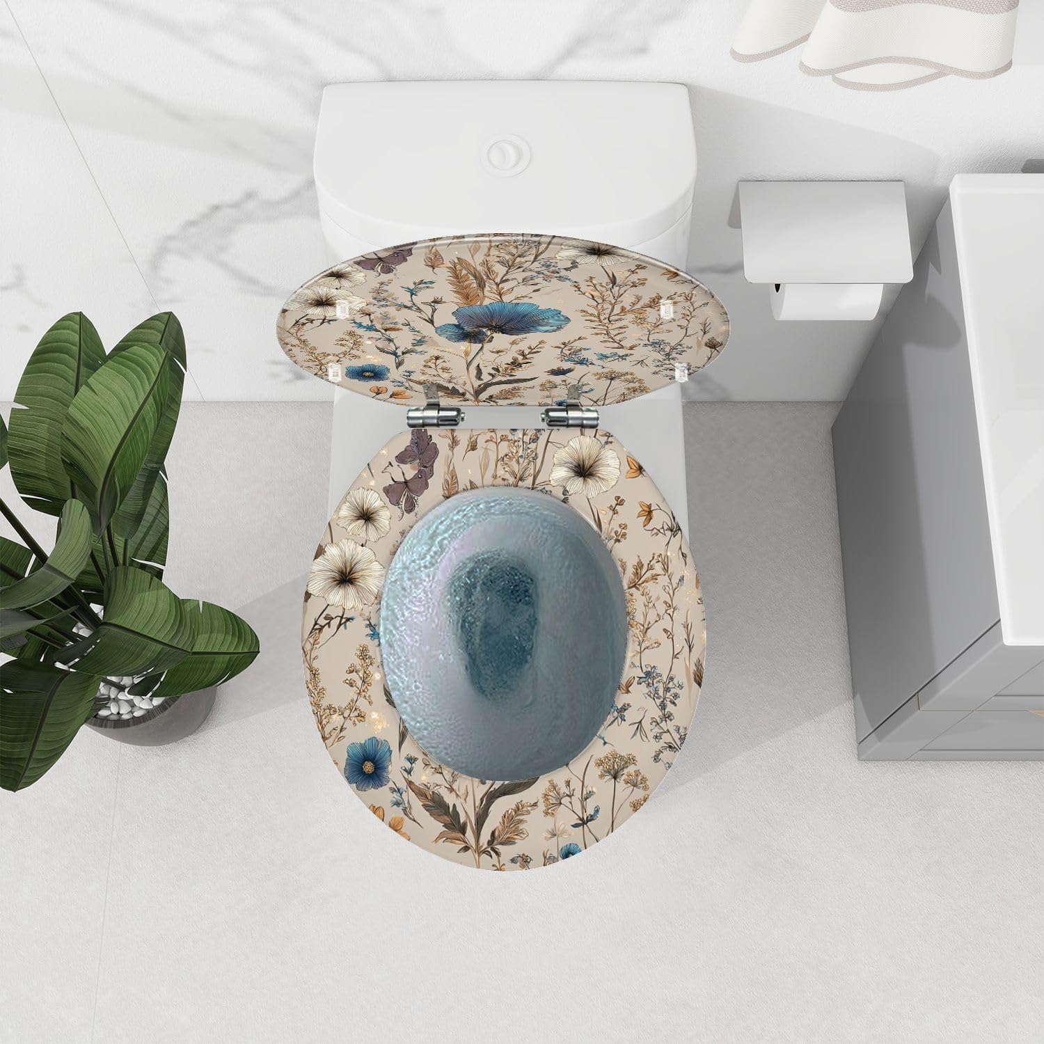 Round Toilet Seat Elegant Floral Blue White Golden Accents Butterflies Resin Toilet Seat Quietly Close Quick Release Hinges with Cover Bumpers Decorative Easy to Install Clean