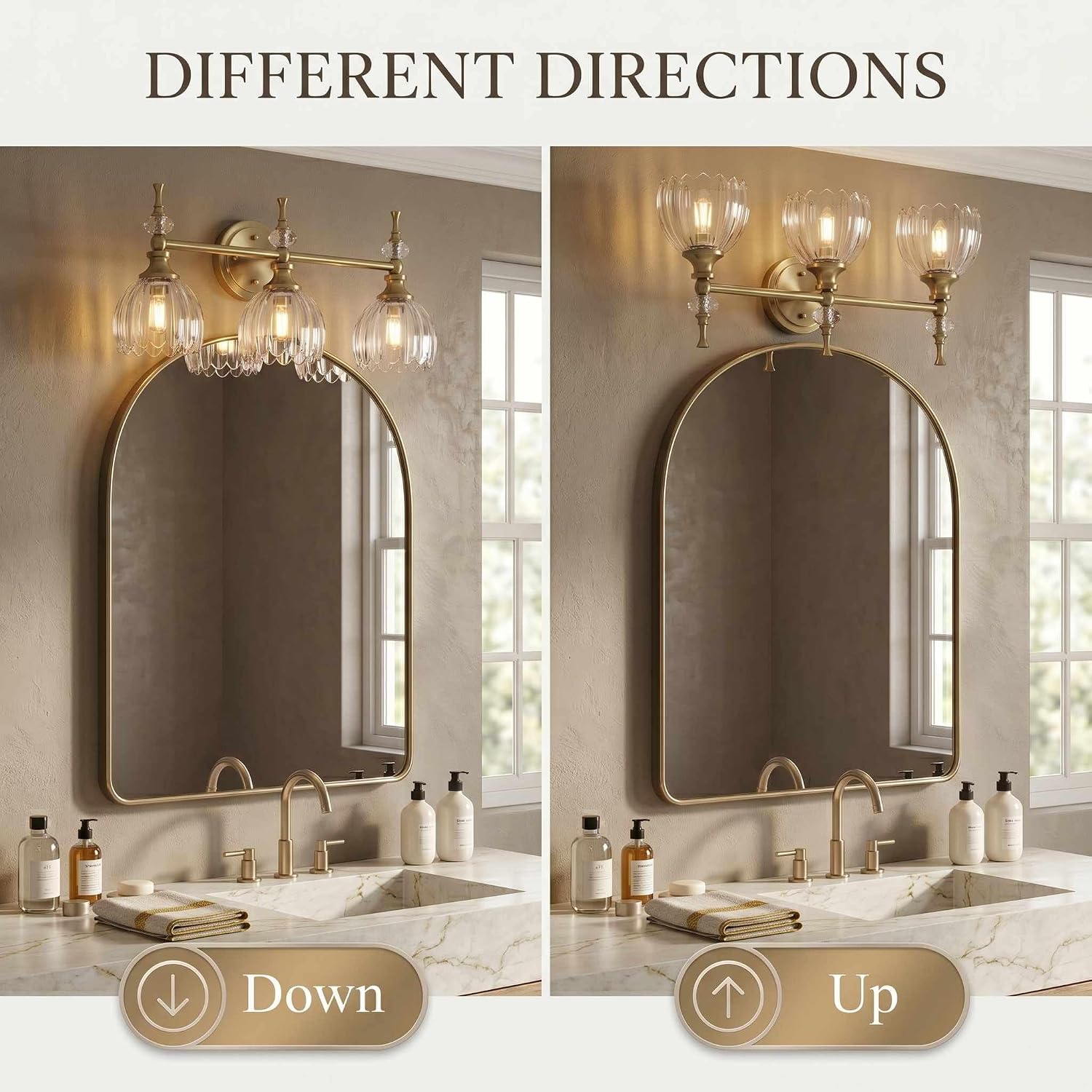 ANDY STAR 3-Light Brushed Gold Bathroom Vanity Light, Transitional Sconce | Ribbed Glass & Crystal Accent, Damp-Resistant, Heat-Resistant E12 Base, Reversible Up/Down Mounting
