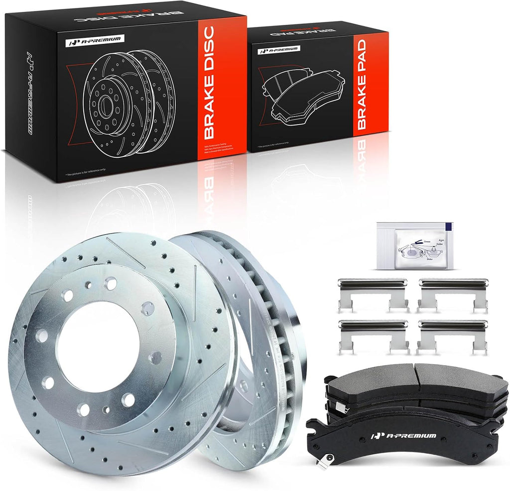 A-Premium 12.78 inch (324.6mm) Front Drilled and Slotted Disc Brake Rotors + Ceramic Pads Kit Compatible with Select Cadillac, Chevy, GMC & Hummer Models - Silverado, Suburban, Savana, Sierra, Yukon