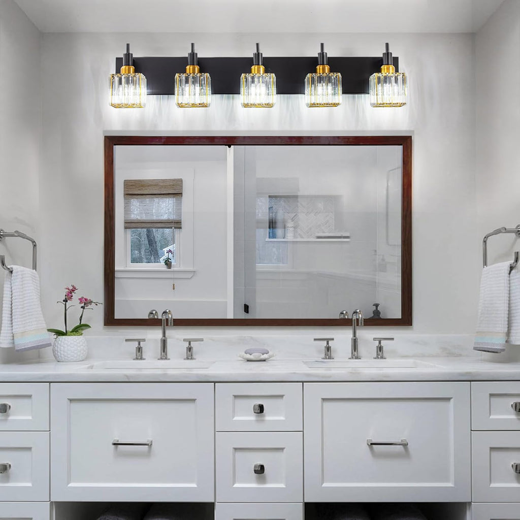 Modern Crystal Bathroom Vanity Light Black Gold 5-Lights Bathroom Lighting Fixtures Over Mirror, Brass Wall Light Fixtures