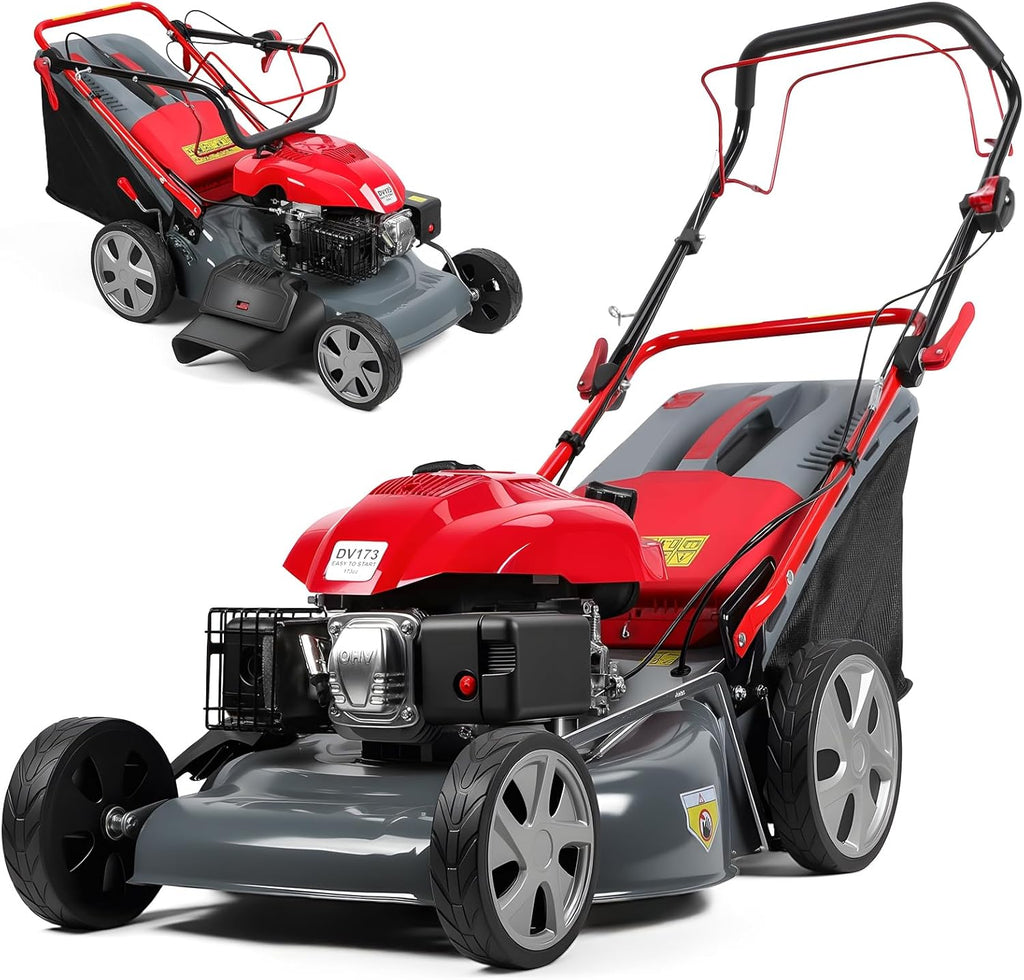 cdar Self-Propelled Gas Lawn Mower, Gas Lawn Mower with 173cc Engine, 60L Grass Bag 20-Inch Cutting Width Adjustable Height Heavy-Duty Steel Deck for Yard Patio & Large Lawns Maintenance Red