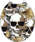 Round Toilet Seat Seamless gold silver pattern Tropical leaves Exotic fan palm human Resin Toilet Seat Slow Quiet Close with Quick-Release Hinges Toilet Seat with Cover Easy to Clean Install