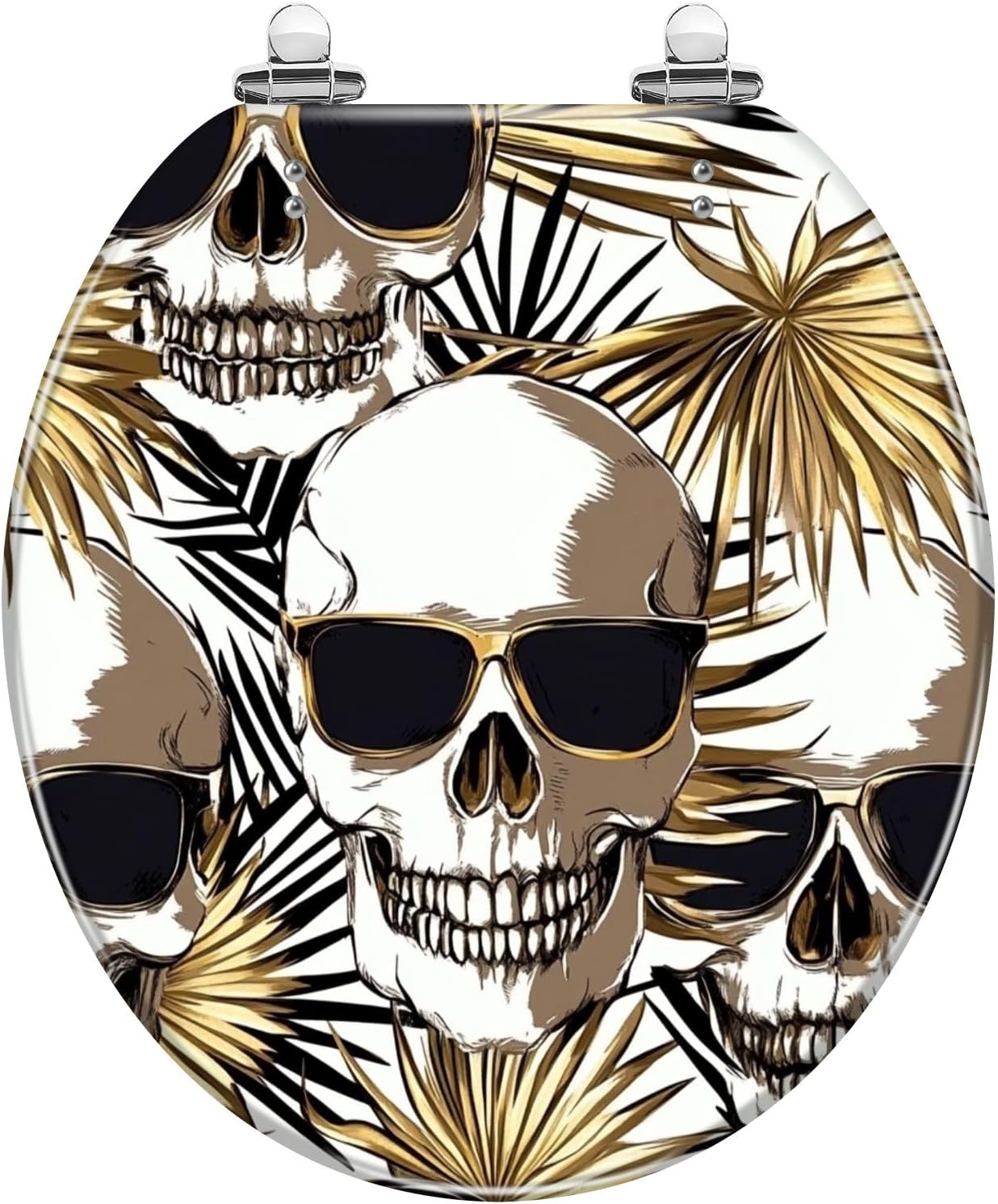 Round Toilet Seat Seamless gold silver pattern Tropical leaves Exotic fan palm human Resin Toilet Seat Slow Quiet Close with Quick-Release Hinges Toilet Seat with Cover Easy to Clean Install
