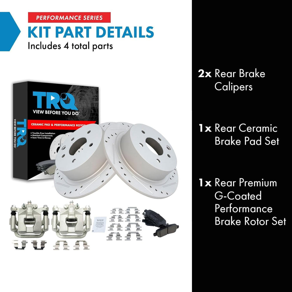 TRQ Performance Rear Brake Pad and Rotor Set Ceramic Solid Coated Rotors Calipers Compatible with 2009-2012 Nissan Altima 2007-2008 Maxima
