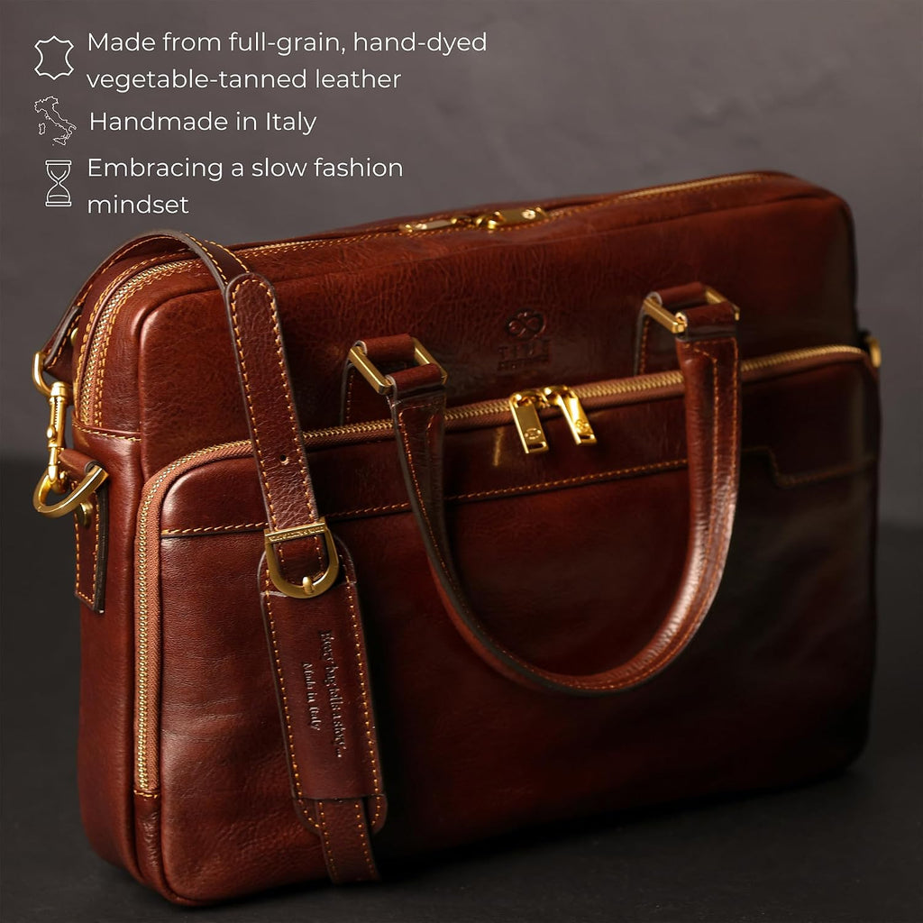 Time Resistance Leather Briefcase - Italian Handmade Leather Laptop Bag - Briefcase for Men and Women - Computer Bag