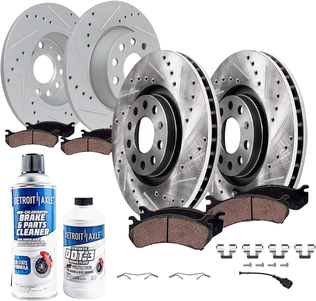 Detroit Axle - Brake Kit for Volkswagen 2010 Jetta 2009-2011 Eos 2009-2010 Audi A3 Quattro Drilled and Slotted Disc Brake Rotors Ceramic Brakes Pads : 11.34' inch Front and 11.10' inch Rear Rotors