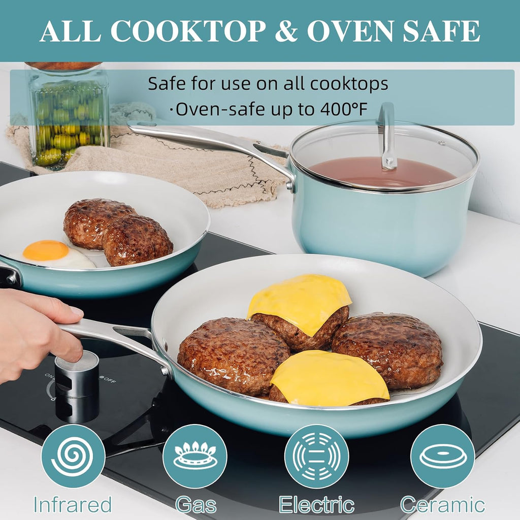 ONGIFT Kitchen Pots and Pans Set Non Stick, 11 Pcs Ceramic Cookware Set with Stay-Cool Handle, Pot and Pan Set NonToxic PFOA/PFAS Free, Dishwasher/Oven Safe, Evenly Heats, Enamel Exterior - Teal