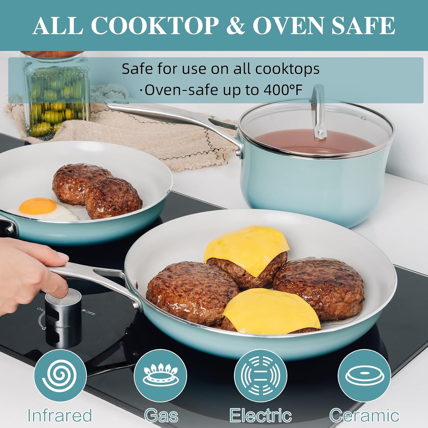 ONGIFT Kitchen Pots and Pans Set Non Stick, 11 Pcs Ceramic Cookware Set with Stay-Cool Handle, Pot and Pan Set NonToxic PFOA/PFAS Free, Dishwasher/Oven Safe, Evenly Heats, Enamel Exterior - Teal