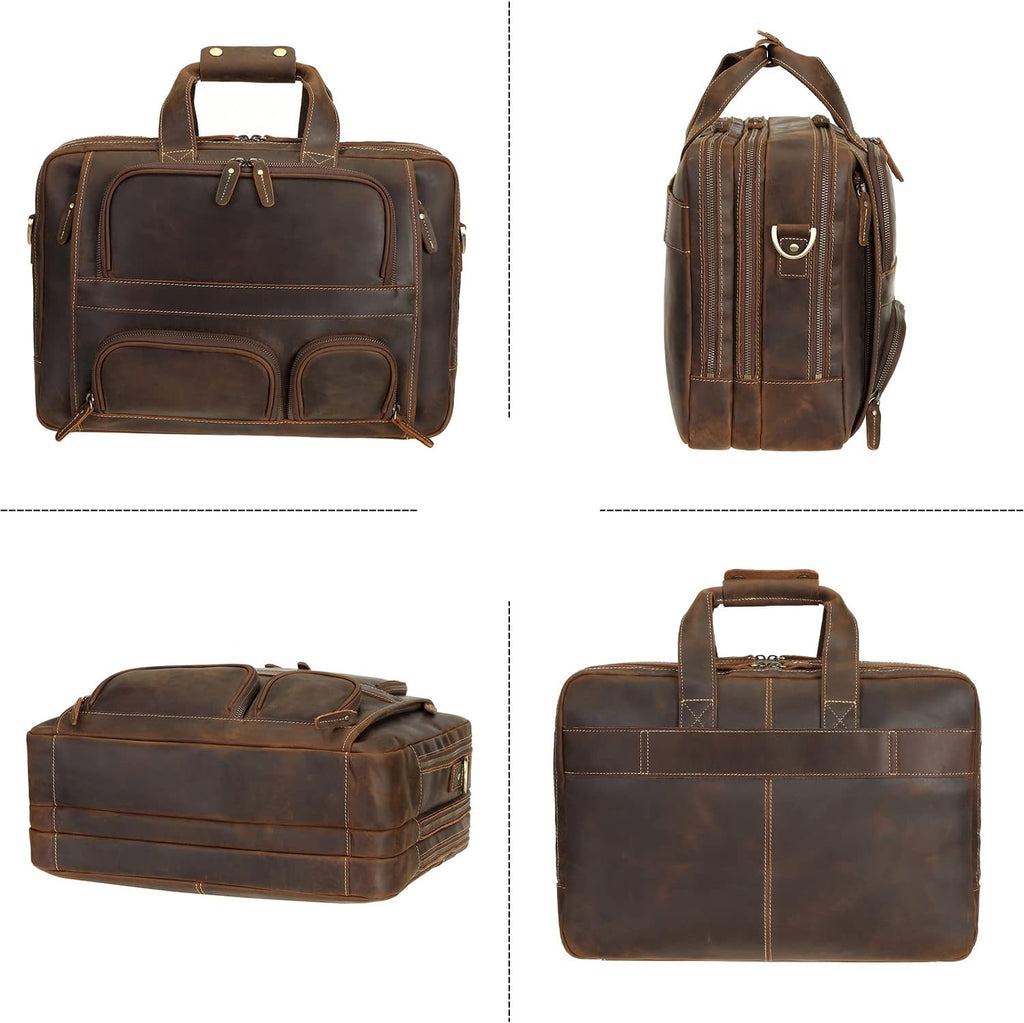 Top Cowhide Leather briefcase for men,17.3 Inch Messenger Bag Laptop Briefcase with YKK Metal Zippers Fit Business Trip