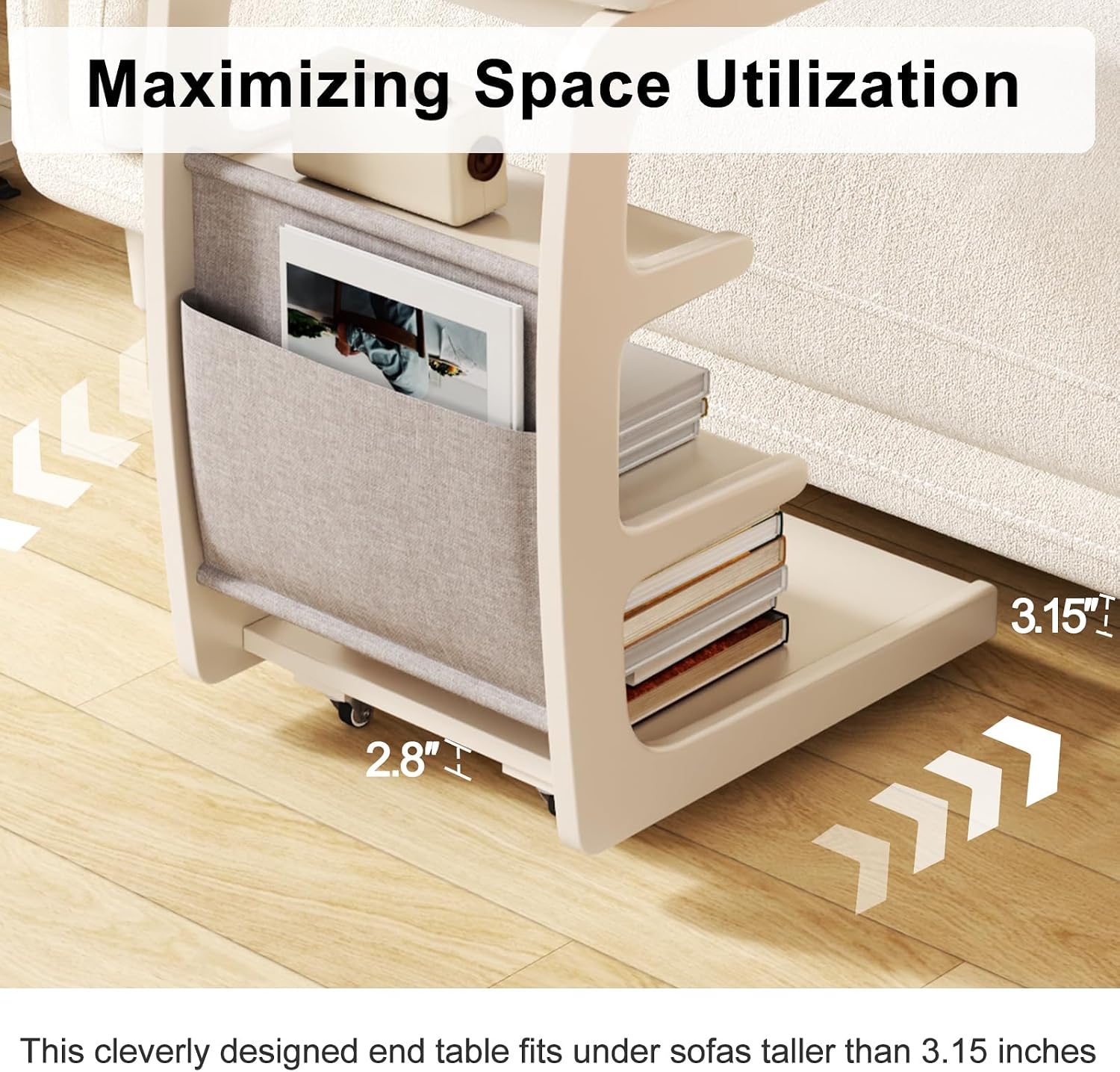 AQIMUELE Rolling Side Table, C Shaped End Table, C Table with 4 Wheels Solid Wood Small Rolling Desk with Adjustable Desktop,C Shaped End Table for Couch,Home Office(15.6' D x 23.6' W x 24.3' H)