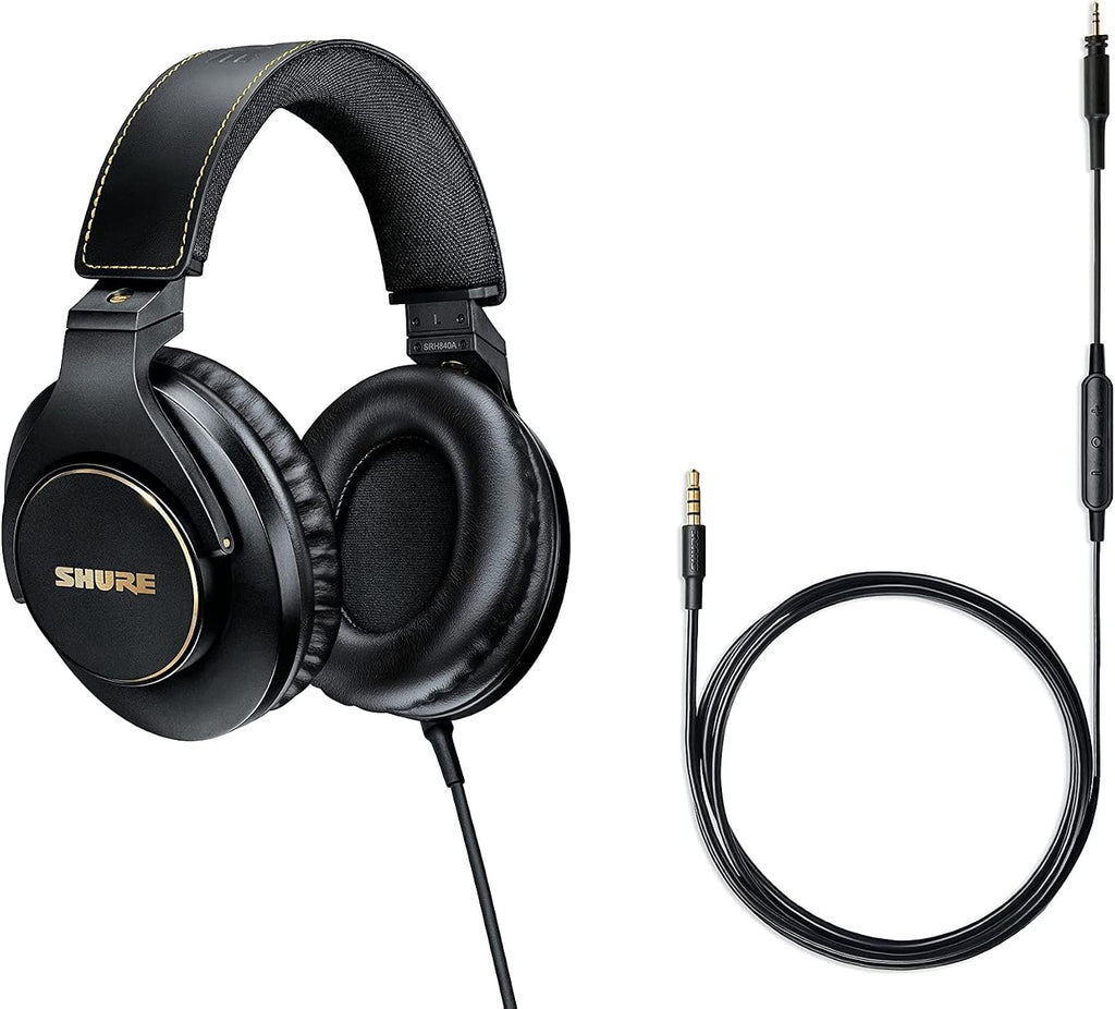 Shure SRH840A Over-Ear Wired Headphones Bundle with RMCH1-UNI Communication Cable with Mic and 3-button Control, for Critical Listening & Monitoring, Adjustable & Collapsible Design - 2022 Version