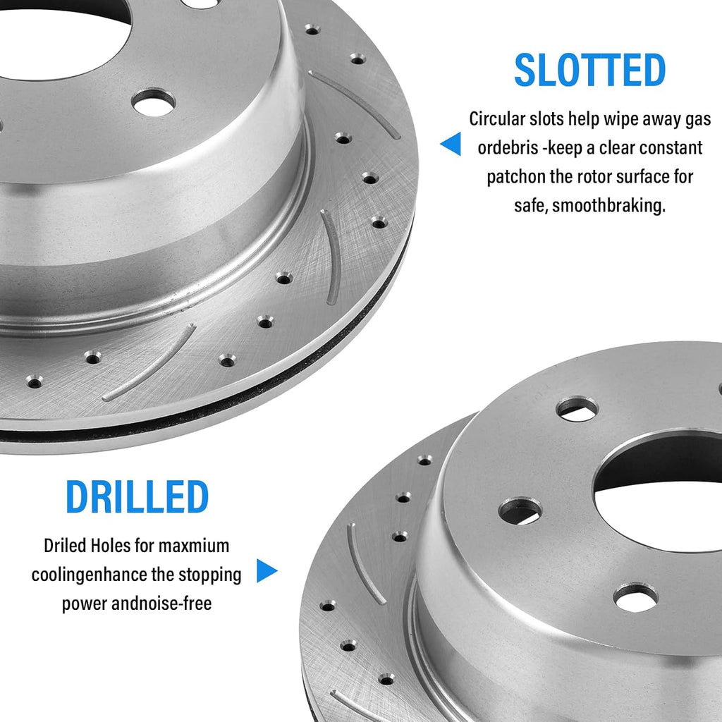Front Rear Drilled Slotted Brake Rotors and Ceramic Brake Pads Kit, Replacement for Chevy Silverado 1500 1999-2007, Tahoe Suburban, Avalanche GMC Yukon XL 1500, Cadillac Escalade 2002-2006