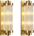 Gold Wall Sconces Set of Two with Crystal Glass Strip Bathroom Sconces Modern Wall Lights for Bedroom Living Room Hallway Wall Light Fixtures, 2 Light E12 Base