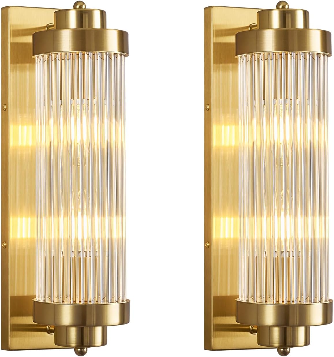 Gold Wall Sconces Set of Two with Crystal Glass Strip Bathroom Sconces Modern Wall Lights for Bedroom Living Room Hallway Wall Light Fixtures, 2 Light E12 Base