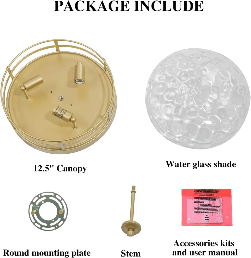 KSANA Gold Modern Flush Mount Ceiling Light Fixture with Water Ripple Glass for Bedroom, Hallway, Kitchen, Dining & Living Room, Foyer and Bathroom