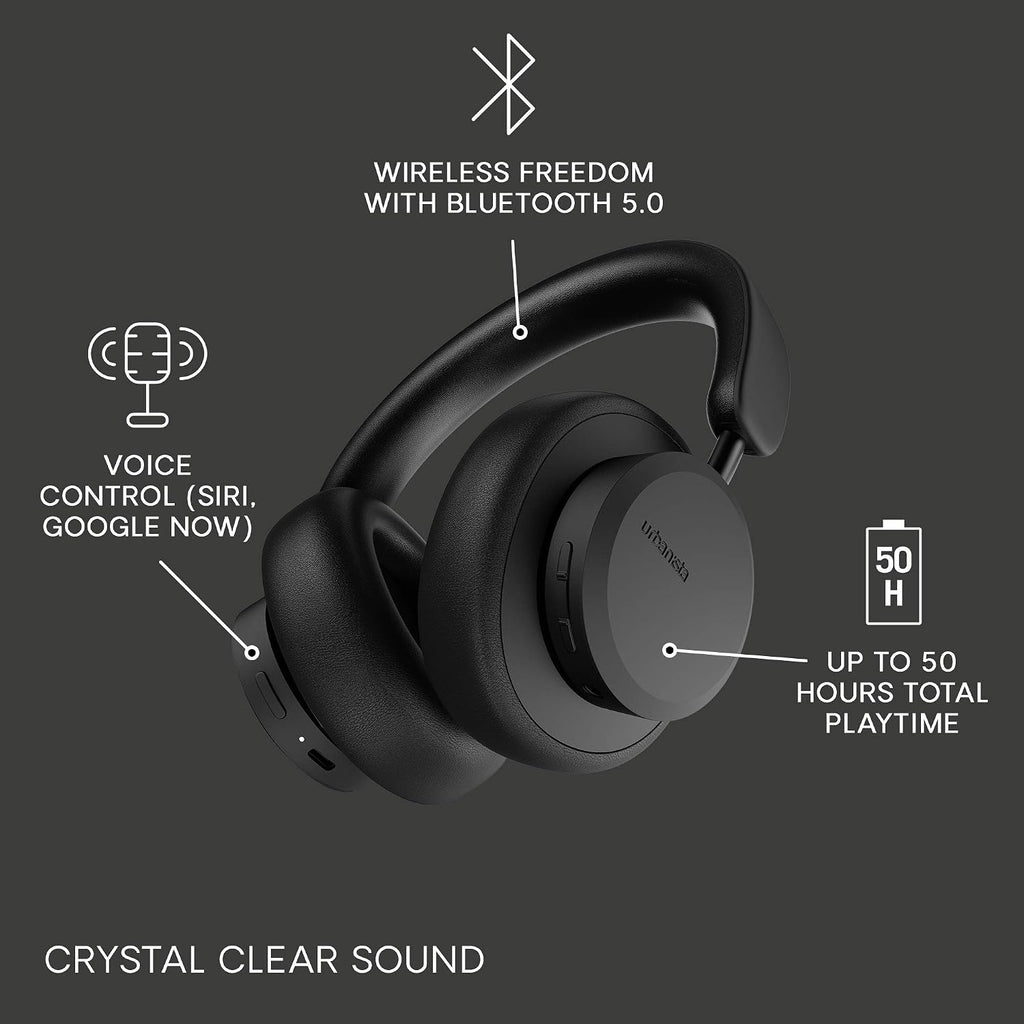 Urbanista Wireless Over Ear Bluetooth Headphones, 50 Hours Play Time, Active Noise Cancelling Wireless Headset with Microphone, On Ear Detection with Carry Case, Miami, Midnight Black