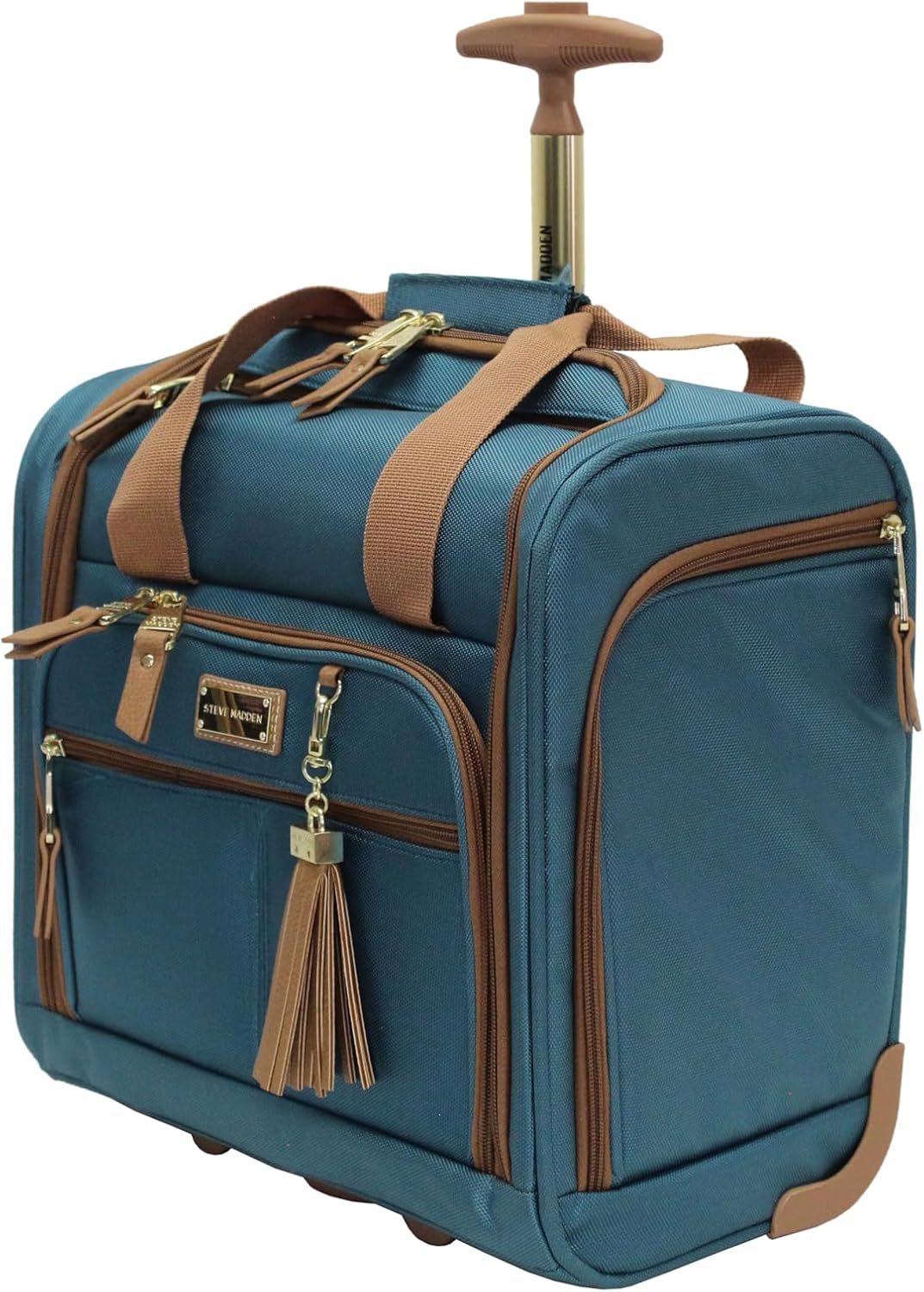 Steve Madden Designer 15 Inch Carry on Suitcase- Small Weekender Overnight Business Travel Luggage- Lightweight 2- Rolling Spinner Wheels Under Seat Bag for Women (Harlo Teal Blue)