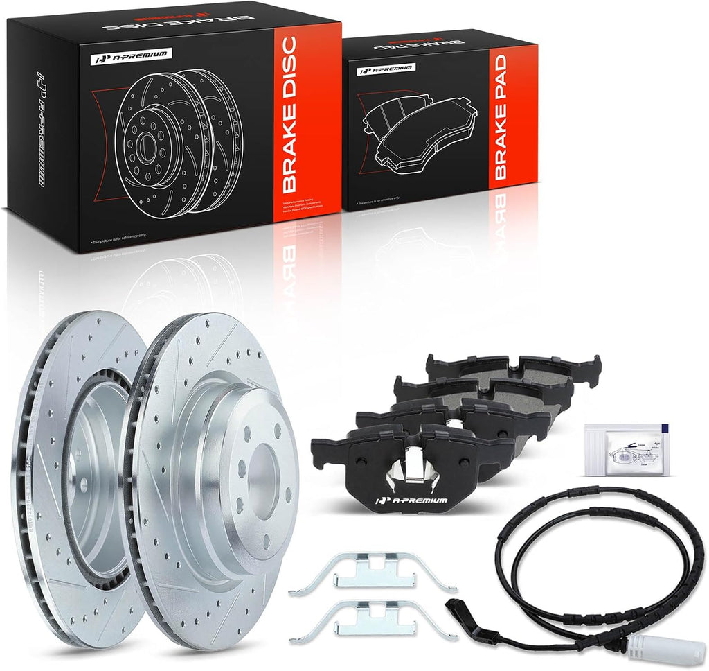 A-Premium 13.23 inch(336 mm) Rear Drilled and Slotted Disc Brake Rotors + Ceramic Pads Kit Compatible with Select BMW Models - E90 330i/330xi/, E92 335d/335i/335i xDrive/335is/335xi, E84 X1, 6-PC Set