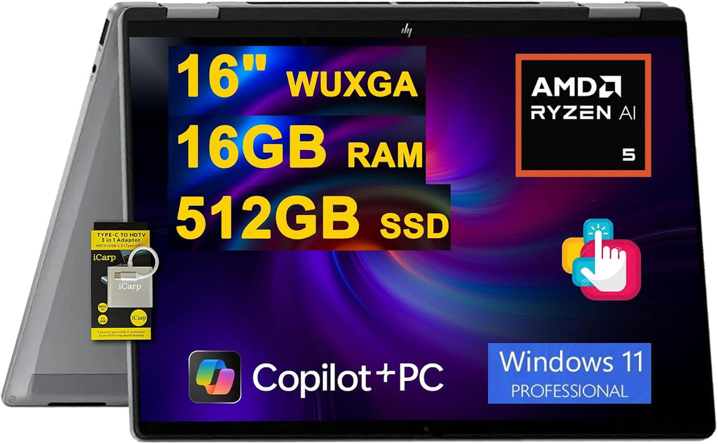 HP OmniBook X Flip 2-in-1 Laptop 16' WUXGA IPS Touch (400nits) AMD 6-core Ryzen AI 5 340 (Up to 50 Tops) 16GB DDR5 512GB SSD for Designer Business Professional Work Win11Pro ICP Hub
