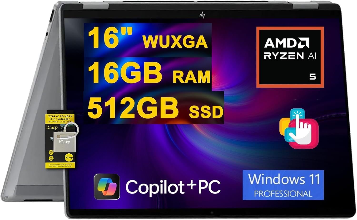 HP OmniBook X Flip 2-in-1 Laptop 16' WUXGA IPS Touch (400nits) AMD 6-core Ryzen AI 5 340 (Up to 50 Tops) 16GB DDR5 512GB SSD for Designer Business Professional Work Win11Pro ICP Hub